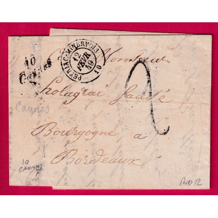 CURSIVE 10 CAUNES AUDE T15 PEYRAC MINERVOIS TAXE 2 POUR BORDEAUX INDICE 12 LETTRE