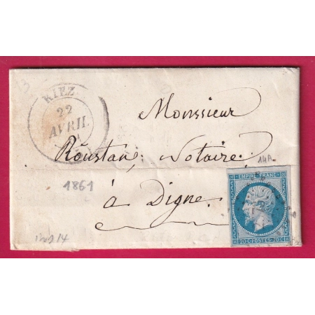 N°14 PC 2673 CAD TYPE 14 RIEZ BASSES ALPES INDICE 14 POUR DIGNE 1861 LETTRE