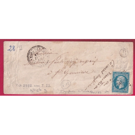 N°14 POSTFS PC 2972 ST AMANS DES COTS AVEYRON CAD TYPE 22 POUR STE GENEVIEVE INDICE 15 LETTRE
