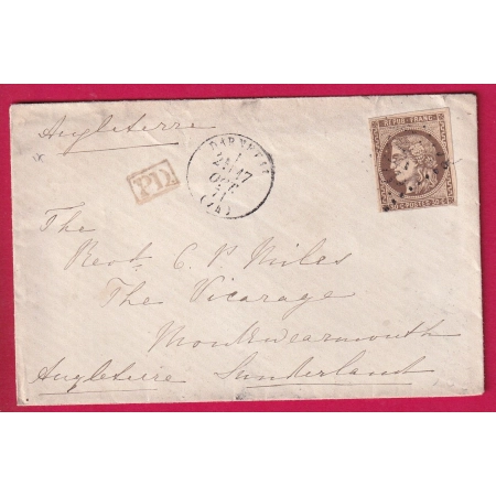 N°47 GC 1278 DARNETAL SEINE INFERIEURE POUR SUNDERLAND ANGLETERRE 1871 LETTRE