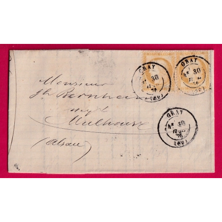 N°55 CAD TYPE 17 GRAY HAUTE SAONE POUR MULHOUSE 1876 ALSACE LORRAINE ALLEMAGNE LETTRE