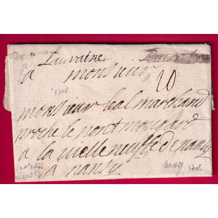MARQUE MANUSCRIT DE VESOUL HAUTE SAONE 1708 TEXTE DU BOUGEY POUR NANCY LENAIN N°1A INDICE 16 LETTRE