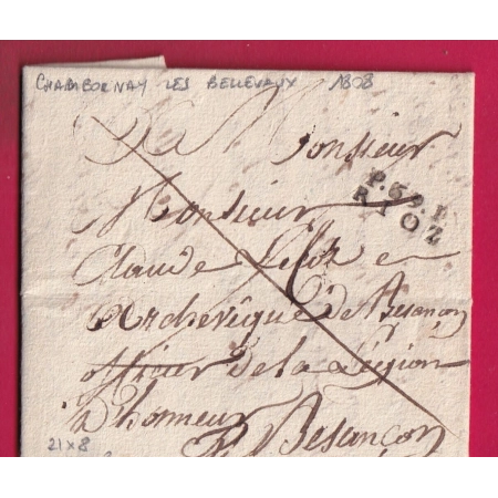 MARQUE P69P RIOZ HAUTE SAONE 1808 21X8 INDICE 18 TEXTE DE CHAMBORNAY LES BELLEVAUX POUR BESANCON DOUBS LETTRE