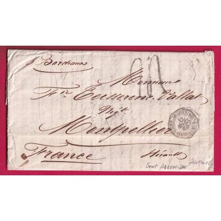 CONF ARGENTINE SAINTONGE CAD HEXAGONAL TEXTE BUENOS AIRES 1867 TAXE TAMPON 24 POUR MONTPELLIER HERAULT LETTRE