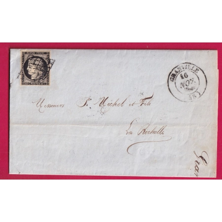 N°3 GRILLE GRANVILLE MANCHE 16 NOV 1849 CAD TYPE 14 POUR LA ROCHELLE CHARENTE INFERIEURE LETTRE