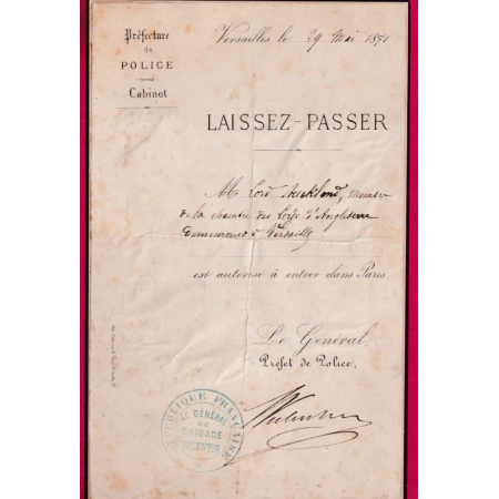 COMMUNE DE PARIS LAISSER PASSER POUR LORD AUCKLAND ANGLETERRE VERSAILLES 29 MAI 1871 SIGNE LE GENERAL VALENTIN LETTRE