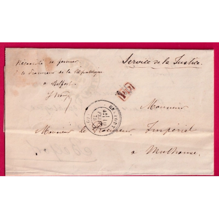 BELFORT HAUT RHIN FRANCHISE POUR ETRANGER MULHOUSE 1875 LETTRE REUTILISEE FER A CHEVAL MULHOUSE ALSACE LORRAINE