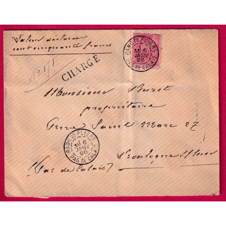 N°98 RANG DU FLIERS PAS DE CALAIS LETTRE CHARGE POUR BOULOGNE SUR MER 1896