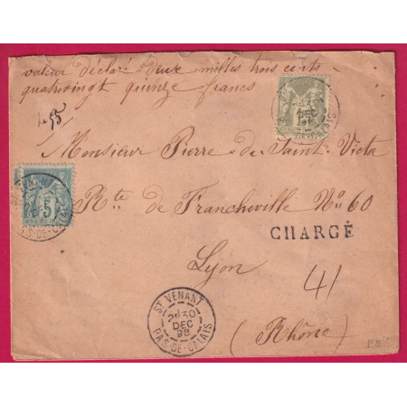 N°75 82 ST VENANT PAS DE CALAIS 1898 LETTRE CHARGE POUR LYON