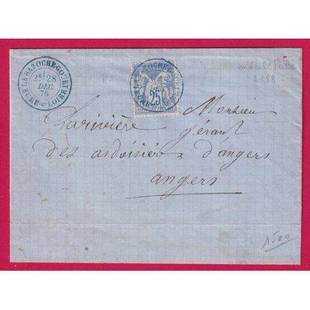 N°78 CAD TYPE 18 BLEU LA BAZOCHE GOUET EURE ET LOIRE 1876 POUR ANGERS MAINE ET LOIRE LETTRE