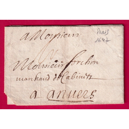 LETTRE DE PARIS 1647 POUR ANVERS BELGIQUE AVEC TAXE LETTRE