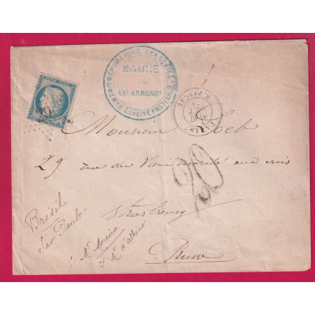 N°37 PARIS ETOILE 29 R PASCAL TAXE 20 POUR STRASBOURG ALSACE LORRAINE ALLEMAGNE LETTRE