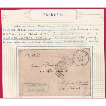 GUERRE 1870 PRISONNIER DE GUERRE BARACKEN LAZARETH MANNHEIN 16 SEPT 1870 ST JEAN D'ANGELY CHARENTE INFERIEURE LETTRE