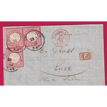 ALSACE LORRAINE ST LOUIS HAUT RHIN 1877 ENTREE ALLEMAGNE PAR BELFORT POUR LURE HAUTE SAONE LETTRE