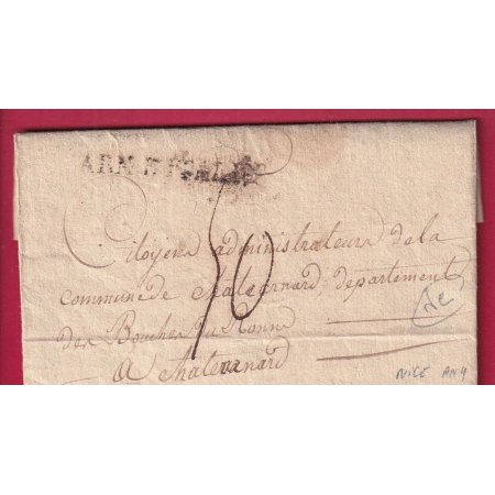 MARQUE ARMEE ITALIE TEXTE DE NICE ALPES MARITIMES AN4 1796 POUR CHATEAURENARD BOUCHES DU RHONE LETTRE