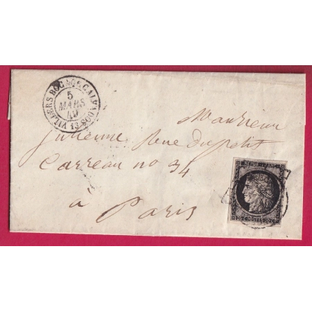 N°3 GRILLE + CAD TYPE 15 VILLERS BOCAGE CALVADOS POUR PARIS 5 MARS 1849 LETTRE
