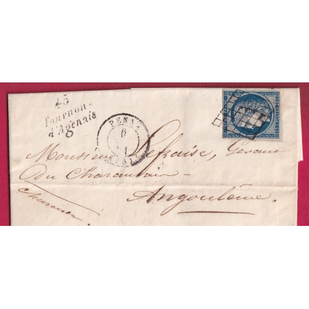 N°4 GRILLE + CURSIVE 45 TOURNON D'AGENAIS LOT ET GARONNE POUR ANGOULEME 1851 LETTRE