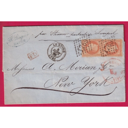N°31 X2 GC 1769 LE HAVRE SEINE INFERIEURE POR NEW YORK USA 1868 LETTRE