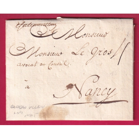 MARQUE MANUSCRIT CHATEAUVILLAIN HAUTE MARNE LENAIN N°1 TEXTE ARC EN BARROIS 1761 POUR NANCY INDICE 15 LETTRE