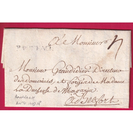 MARQUE ROUFFACH LENAIN N°4 HAUT RHIN INDICE 18 TEXTE DE ISSENHEIM 1776 POUR BELFORT LETTRE