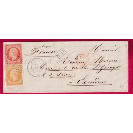 N°13 16 CAD ET ANCRE BLEU PAQUEBOT POSTE PHASE POUR EXOUDUN DEUX SEVRES 1858 LETTRE