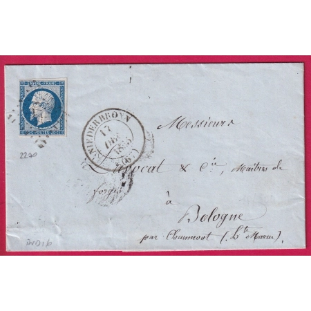 N°14 PC 2270 CAD TYPE 14 NIEDERBRONN BAS RHIN POUR BOLOGNE HAUTE MARNE INDICE 16 LETTRE