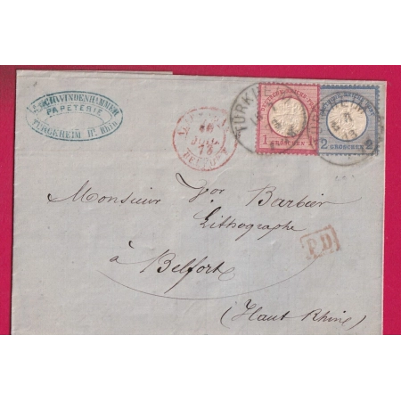 ALSACE LORRAINE TURKHEIM HAUT RHIN 1873 POUR BELFORT LETTRE