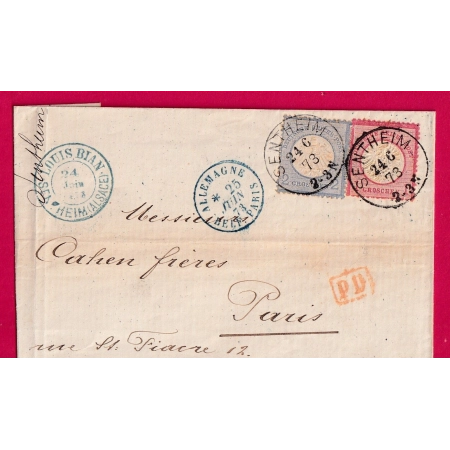ALSACE LORRAINE SENTHEIM HAUT RHIN 1873 POUR PARIS LETTRE