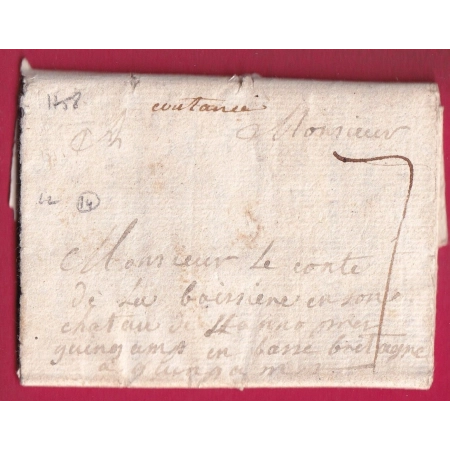 MARQUE MANUSCRIT COUTANCES MANCHE LENAIN N°2 1758 POUR GUINGAMP INDICE 14 LETTRE