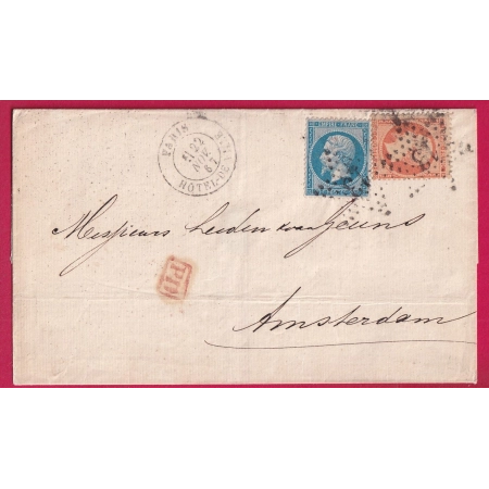 N°22 23 PARIS ETOILE 13 HOTEL DE VILLE POUR AMSTERDAM PAYS BAS HOLLANDE 1867 LETTRE