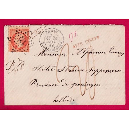 N°23 PARIS ETOILE 18 R DE LONDRES TAXE AFFR INSUFF P18 TAXE 30 POUR SAPPEMEER PAYS BAS HOLLANDE LETTRE