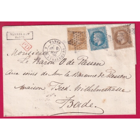N°28 29 30 PARIS ETOILE 14 R DE STRASBOURG TRICOLORE POUR BADE ALLEMAGNE LETTRE