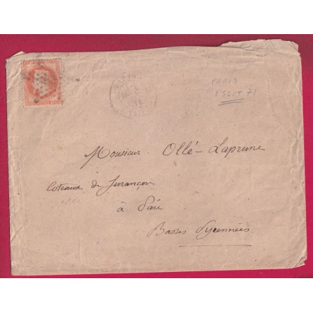 N°31 DU 1ER SEPTEMBRE 1871 1ER JOUR TARIF PARIS ETOILE 22 POUR PAU BASSES PYRENEES LETTRE