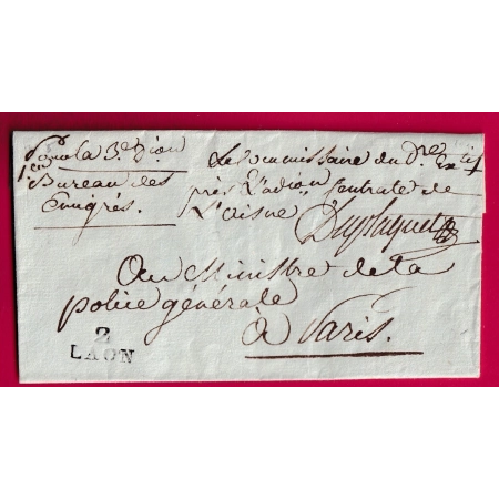 MARQUE 2 LAON AISNE FRANCHISE MANUSCRIT LE COMMISSAIRE DU DIRECTOIRE EXCECUTIF AN 7 1799 POUR PARIS LETTRE