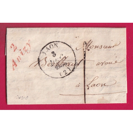 CURSIVE 2 ANIZY EN ROUGE CAD TYPE 13 LAON AISNE 1835 TAXE LOCALE 1 INDICE 10 LETTRE
