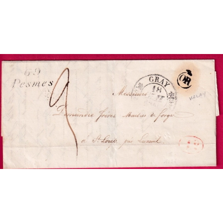CURSIVE 69 PESMES HAUTE SAONE CAD TYPE 11 GRAY OR VALAY + DECIME RURAL POUR ST LOUP LETTRE