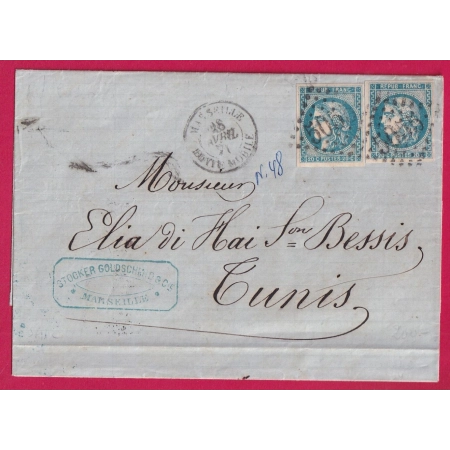 N°46B X2 GC 5055 BONE ALGERIE CAD MARSEILLE BOITE MOBILE POUR TUNIS TUNISE 1871 LETTRE