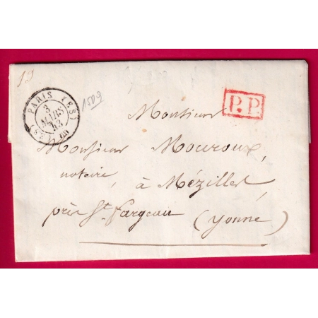 CAD TYPE 15 PARIS ES 60 ES + PP ROUGE POUR ST FARGEAU YONNE 1843 LETTRE