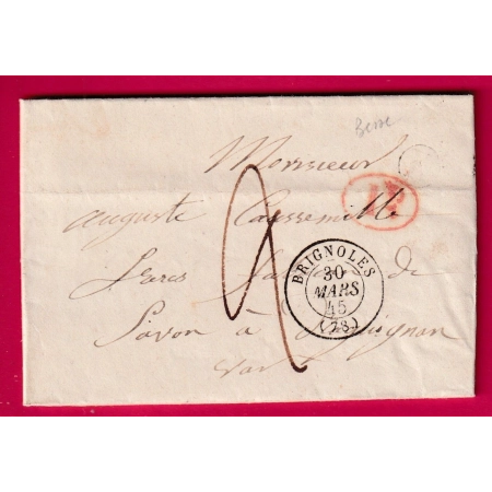 CAD TYPE 15 BRIGNOLLES VAR BOITE RURALE K BESSE DECIME RURAL POUR DRAGUIGNAN 1845 LETTRE