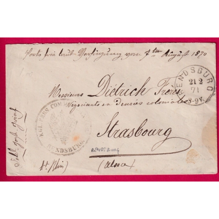 GUERRE 1870 PRISONNIER DE GUERRE CAMP DE RENDSBURG ALLEMAGNE PRUSSE 21.2.1871 POUR STRASBOURG BAS RHIN LETTRE