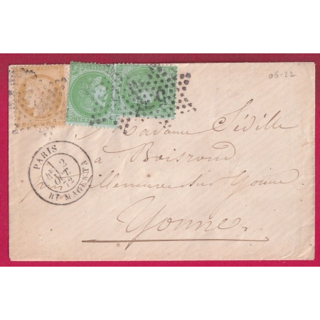 N°53 X2 59 PARIS ETOILE 5 BT MAGENTA POUR VILLENEUVE SUR YONNE 1872 LETTRE