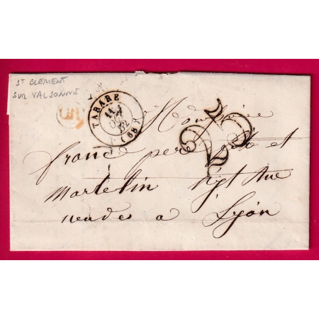 CAD TYPE 15 TARARE RHONE OR EN ROUGE ST CLEMENT SUR VALSONE 1852 POUR LYON LETTRE