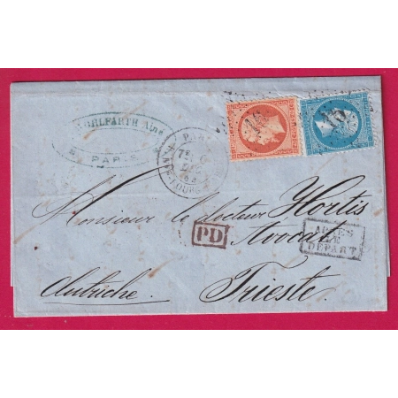 N°22  23 PARIS ETOILE 16 R Nve BOURG L'ABBE POUR TRIESTE AUTRICHE 1865 LETTRE