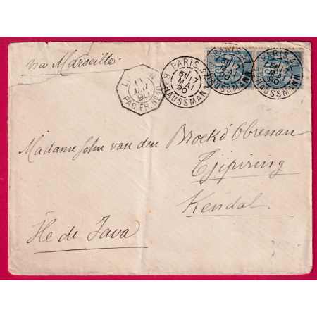 N°90 PAIRE PARIS BD HAUSSMAN POUR TJIPIRING KENDAL ILE DE JAVA 1890 MARITIME LINGNE N PAQUEBOT FRANCAIS N°10 LETTRE