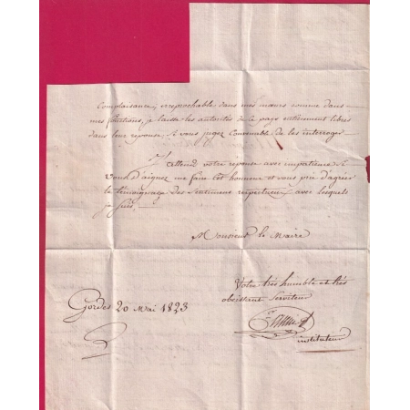 MARQUE P89P APT VAUCLUSE TEXTE DE GORCES 1823 POUR HYERES VAR INDICE 12 LETTRE