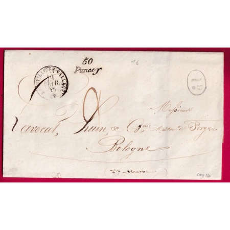 CURSIVE 50 PANCEY HAUTE MARNE DECIME RURAL 1845 POUR BOLOGNE T12 VIGNORY AU DOS INDICE 16 LETTRE