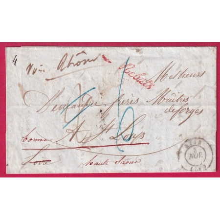 CAD TYPE 15 LYON RHONE 1847 GRIFFE REBUTS EN ROUGE POUR ST LOUP HAUTE SAONE TAXE MODIFIEE LETTRE