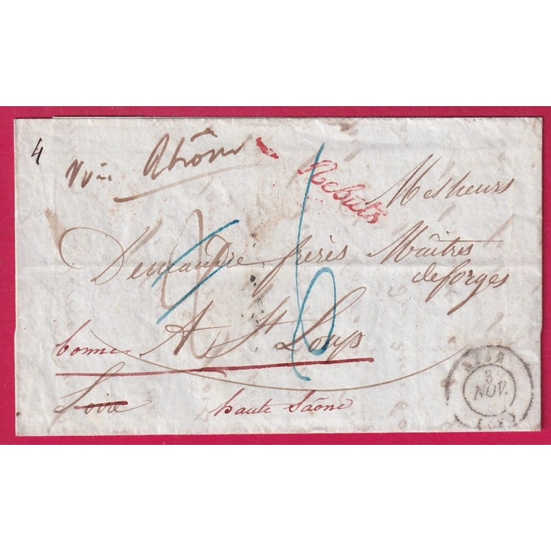 CAD TYPE 15 LYON RHONE 1847 GRIFFE REBUTS EN ROUGE POUR ST LOUP HAUTE SAONE TAXE MODIFIEE LETTRE