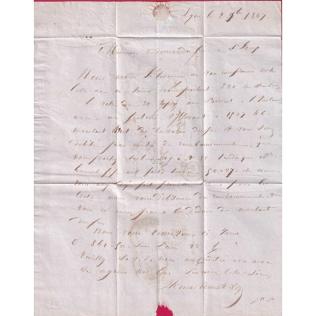 CAD TYPE 15 LYON RHONE 1847 GRIFFE REBUTS EN ROUGE POUR ST LOUP HAUTE SAONE TAXE MODIFIEE LETTRE