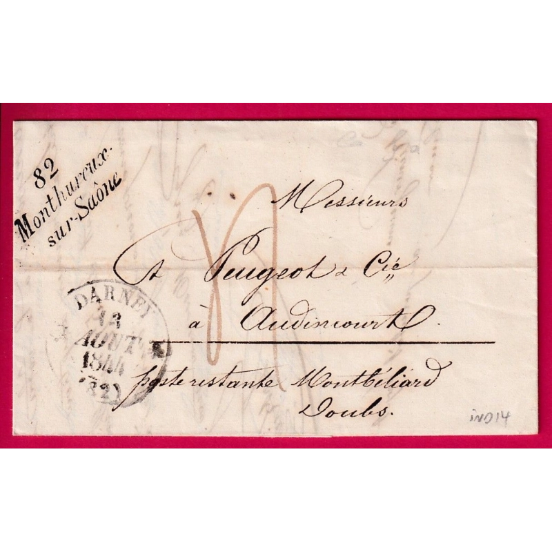 CURSIVE 82 MONTHUREUX SUR SAONE CAD TYPE 12 DARNEY VOSGES POUR AUDINCOURT INDICE 14 LETTRE